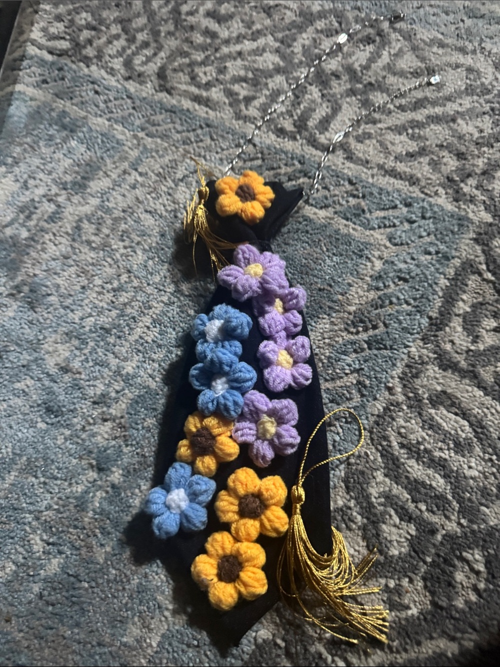Levi's Black Hair Tie with Blue, Purple & Yellow Crochet Flowers